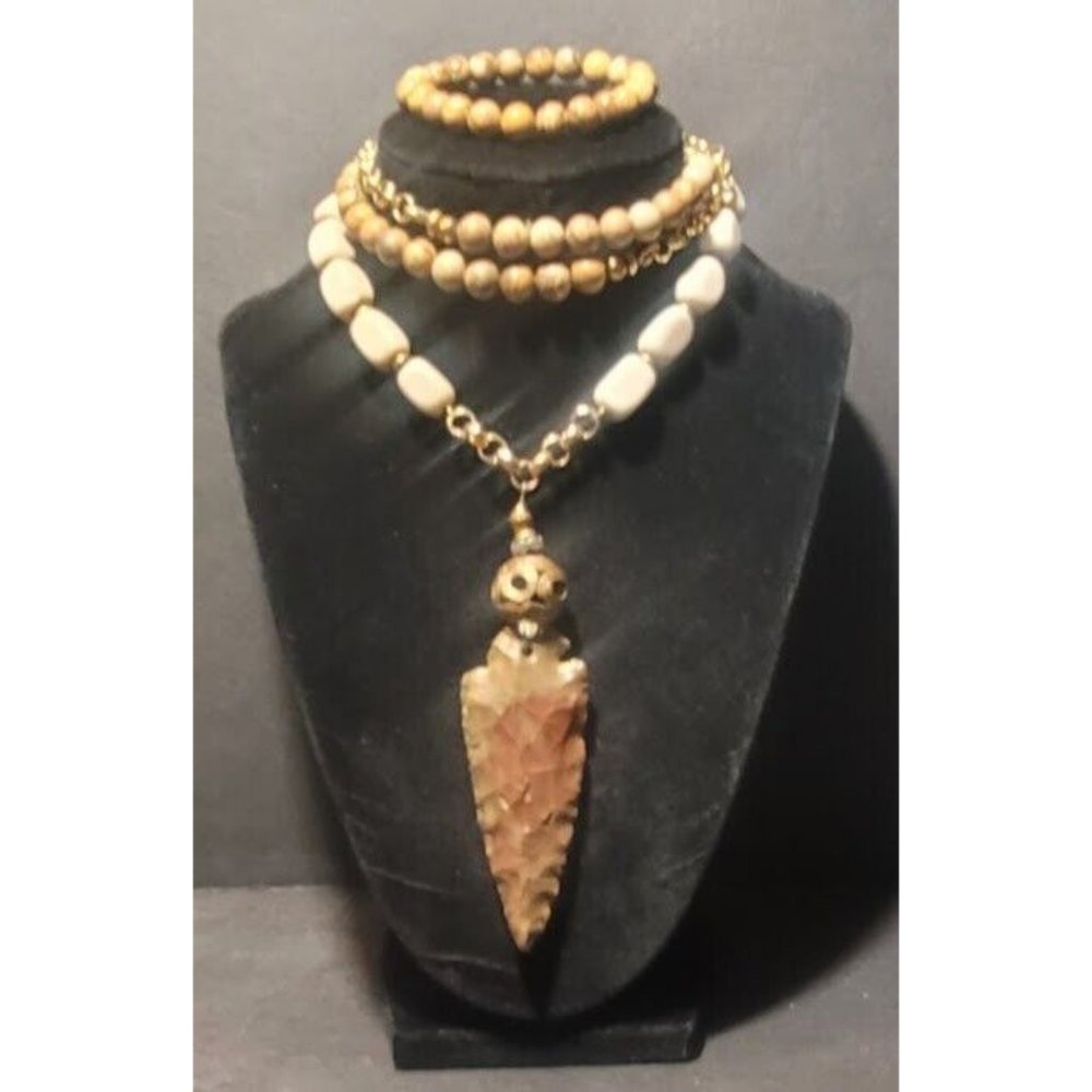 Vintage Genuine Flint Arrowhead Jasper & Marcasite Beads Necklace & Bracelet